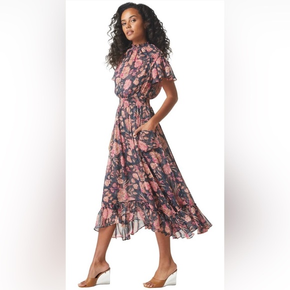 NWT MISA Azura Dress Flora Dot Sz L Navy Pink - Picture 2 of 8